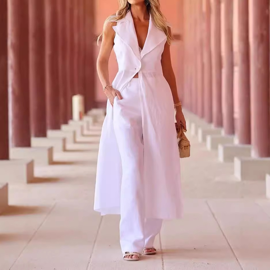 Women Turndown Collar Sleeveless Solid Top and Pant Two-Piece Set