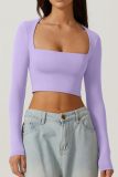 Women Long-Sleeved Solid Crop Square-neck T-shirt top