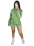 Women sexy long-sleeved zippered contrast webbing top and shorts two-piece set