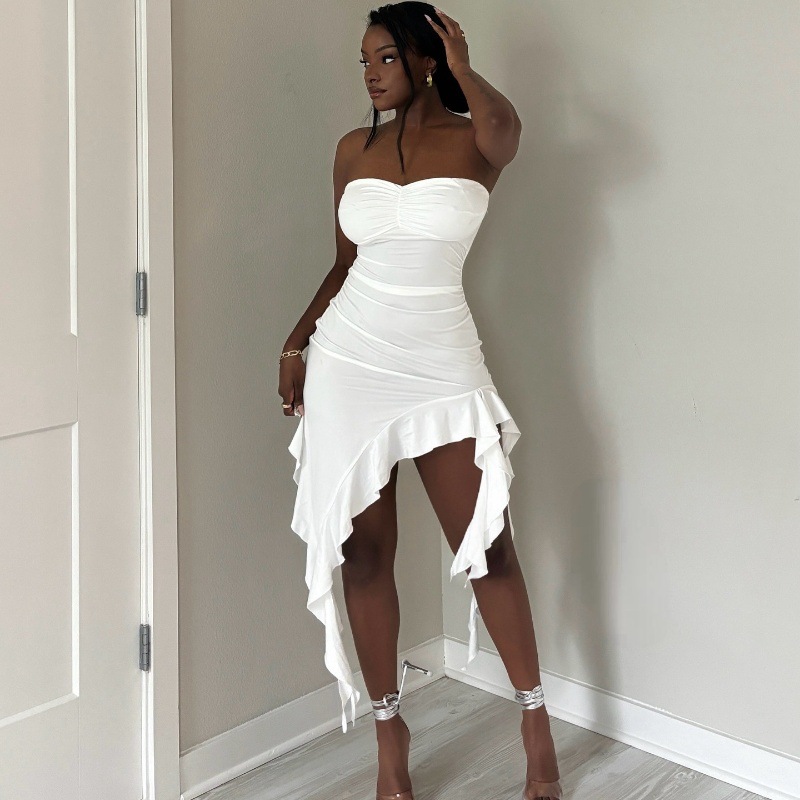 Women Summer Strapless Off-Shoulder Ruffle Edge Dress
