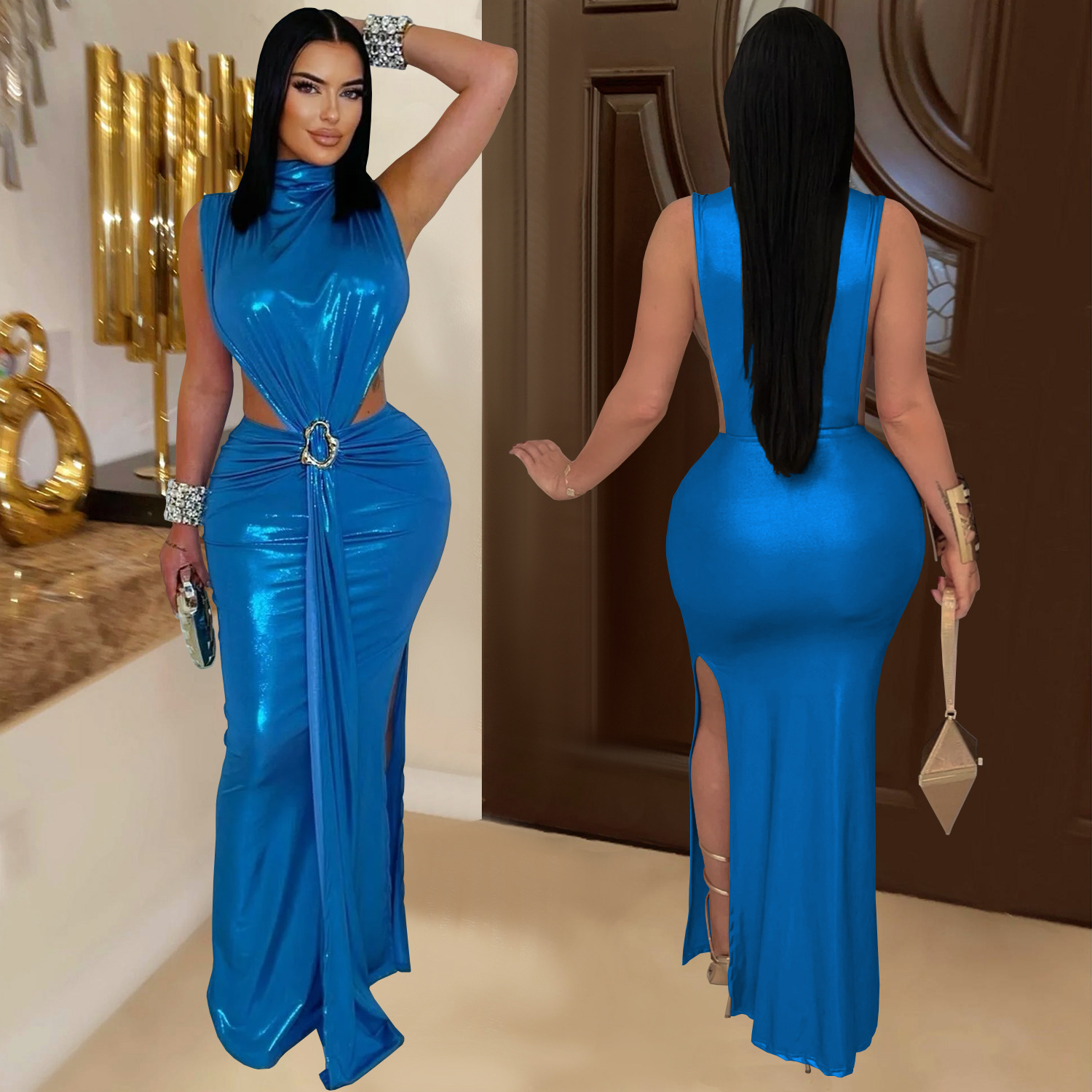 Women Sexy Elegant High-Neck Slit Dress