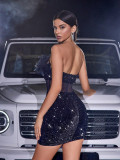 Women Sexy Strapless Black Sequined Feather Patchwork Sequined Formal Party Bodycon Dress