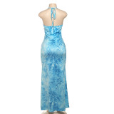 Women Spring Summer Sexy Contrast Halter Neck Lace-Up Backless Slit Dress