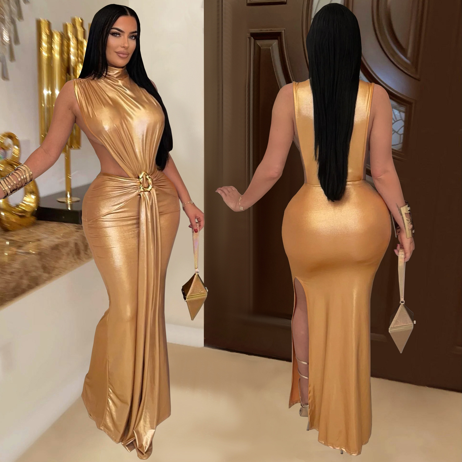 Women Sexy Elegant High-Neck Slit Dress