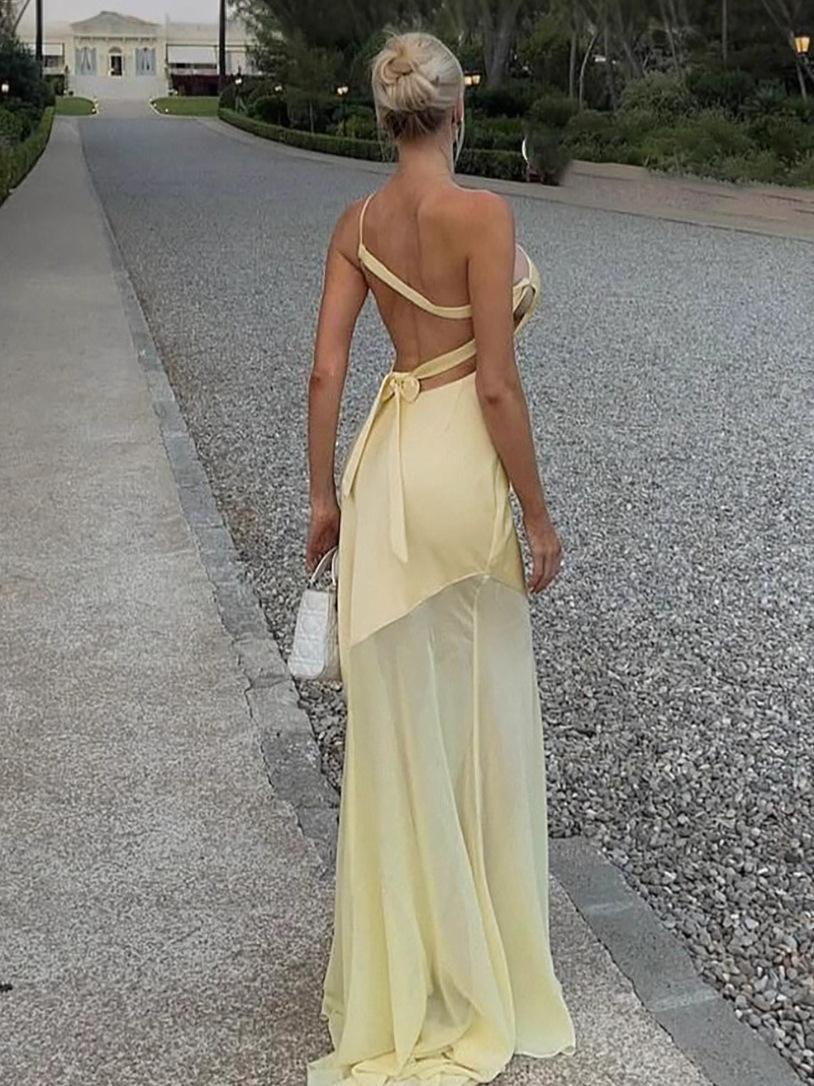 Women Summer Sexy Mesh Patchwork Slash Shoulder Lace-Up Dress