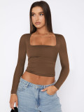 Women Long-Sleeved Solid Crop Square-neck T-shirt top