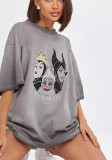 Women Washed Gray Summer Retro Short-Sleeved T-Shirt