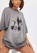 Women Washed Gray Summer Retro Short-Sleeved T-Shirt Women Washed Gray Summer Retro Short-Sleeved T-Shirt