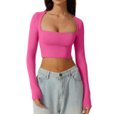 Women Long-Sleeved Solid Crop Square-neck T-shirt top