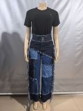 Women patchwork Colorblock Tassel Denim Pants