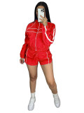 Women sexy long-sleeved zippered contrast webbing top and shorts two-piece set