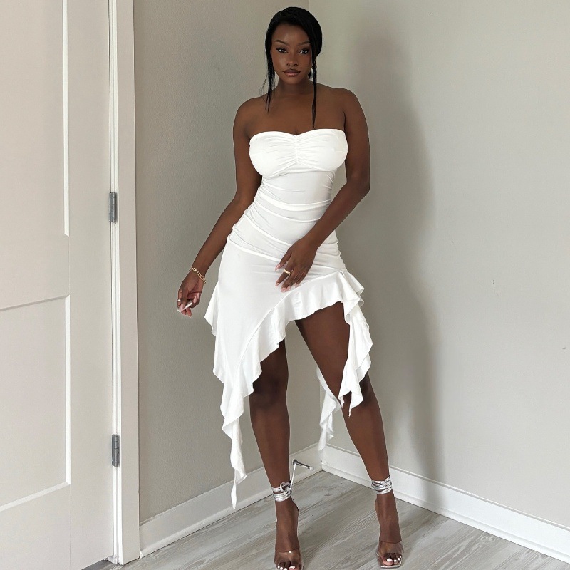 Women Summer Strapless Off-Shoulder Ruffle Edge Dress