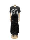 Lady's Round Neck Letter Print Lace Dress