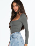 Women Long-Sleeved Solid Crop Square-neck T-shirt top