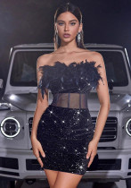 Women Sexy Strapless Black Sequined Feather Patchwork Sequined Formal Party Bodycon Dress Women Sexy Strapless Black Sequined Feather Patchwork Sequined Formal Party Bodycon Dress