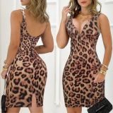 Women Sexy Deep V Backless Slit Bodycon Dress