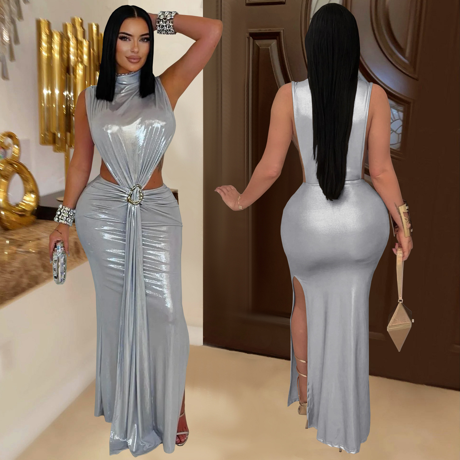 Women Sexy Elegant High-Neck Slit Dress