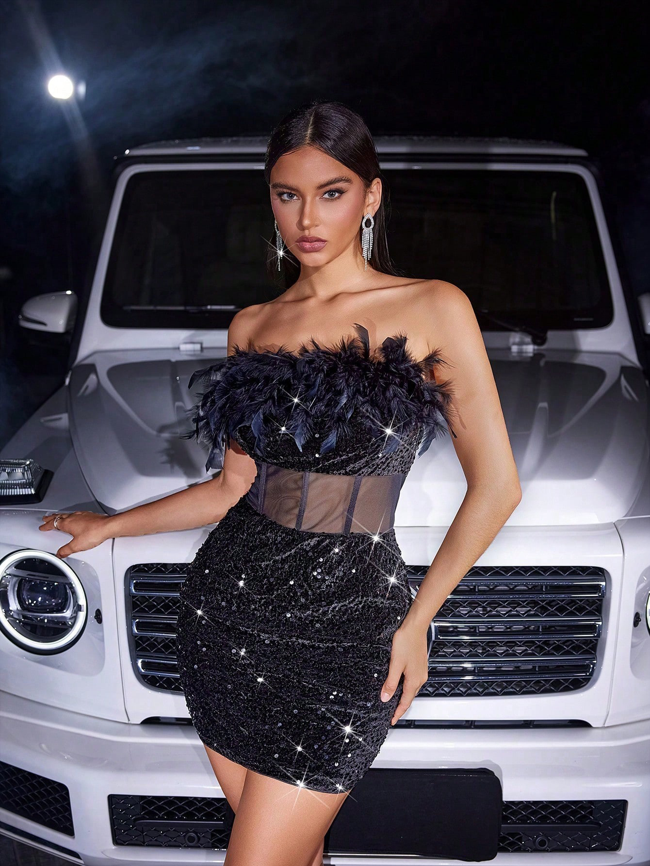 Women Sexy Strapless Black Sequined Feather Patchwork Sequined Formal Party Bodycon Dress
