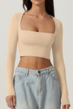 Women Long-Sleeved Solid Crop Square-neck T-shirt top