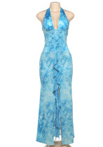 Women Spring Summer Sexy Contrast Halter Neck Lace-Up Backless Slit Dress