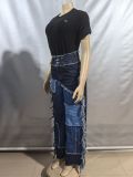 Women patchwork Colorblock Tassel Denim Pants
