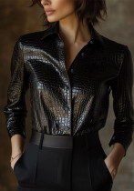 Women Pu Leather Shiny Snake Print Long-Sleeved Shirt Women Pu Leather Shiny Snake Print Long-Sleeved Shirt