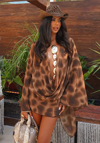 Fall Streetwear Draped Low-Neck Print Mini Dress