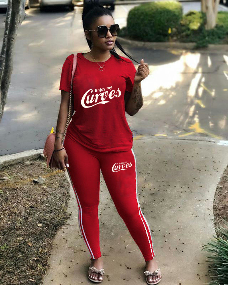 Women Casual Solid Print Short-Sleeved Top and Pants Two-Piece Set