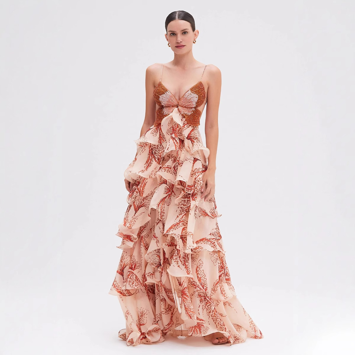 Summer Butterfly Multi-Layer Ruffle Maxi Dress