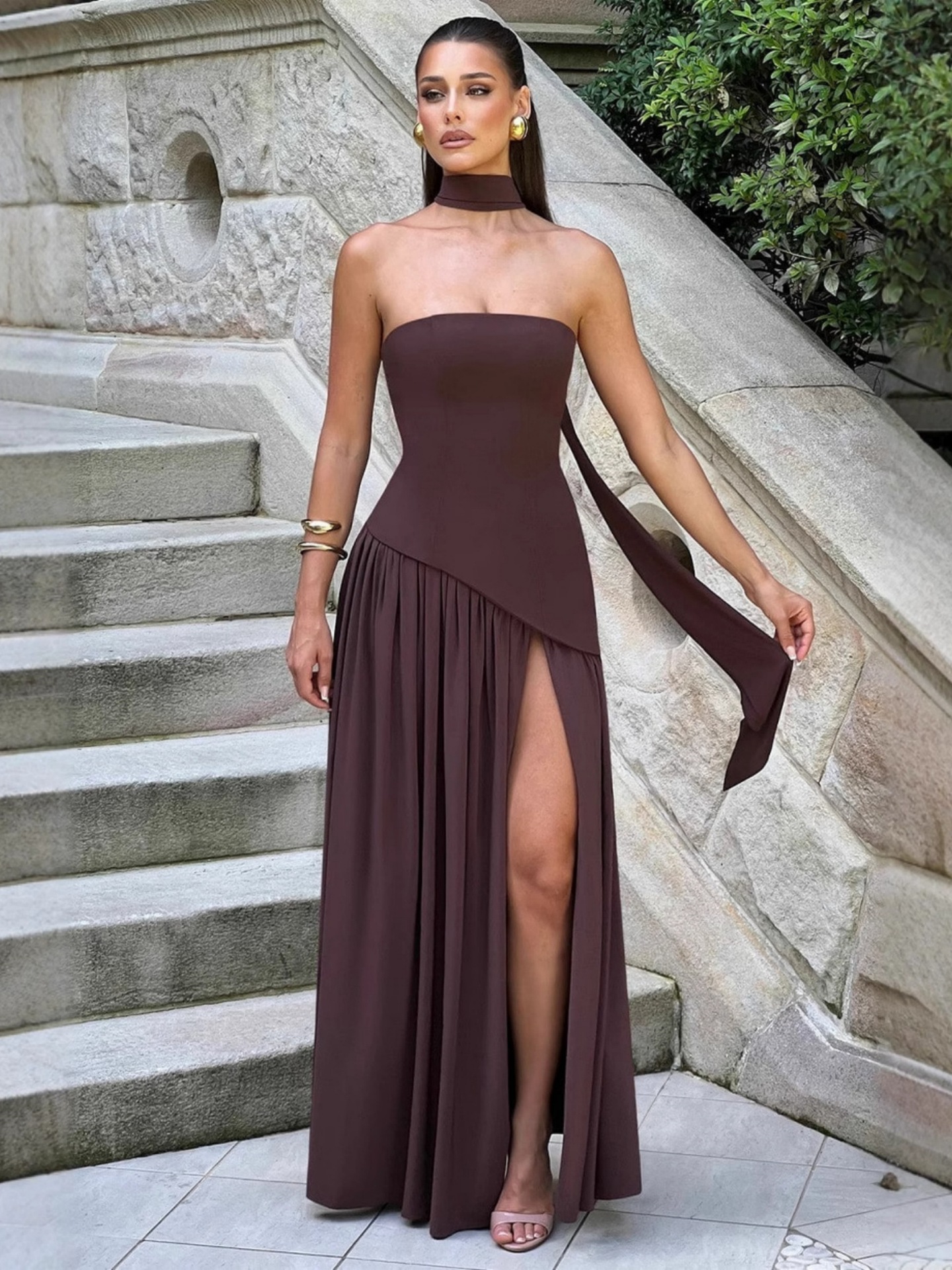 Summer Patchwork Low Back Strapless Slit Solid Dress