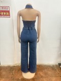 Sexy Patchwork Halter Neck Wide-Leg Denim Jumpsuit