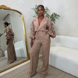 Career Casual Turndown Collar Pleated Sleeve Wide-Leg Pants Set