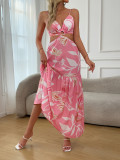Holiday Print Strap Sheer Cutout Dress