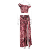 Summer Sexy Slash Shoulder Print Top & Slit Skirt Set