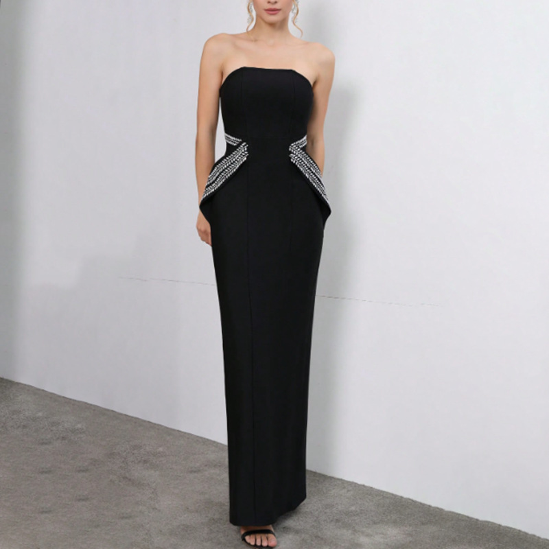 Women Fall Strapless Off-Shoulder Beaded Black French Dress