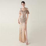 Beaded Sequin Formal Party Dress Off-Shoulder Deep V High-Slit Mermaid Gown