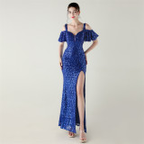 Beaded Sequin Formal Party Dress Off-Shoulder Deep V High-Slit Mermaid Gown