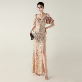 Beaded Sequin Formal Party Dress Off-Shoulder Deep V High-Slit Mermaid Gown