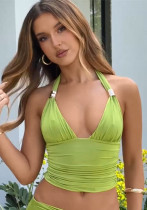 Sexy Fitted Metallic Halter Neck Tie-Front Crop Top Sexy Fitted Metallic Halter Neck Tie-Front Crop Top