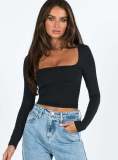 Women Long-Sleeved Solid Crop Square-neck T-shirt top