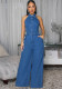 Sexy Patchwork Halter Neck Wide-Leg Denim Jumpsuit