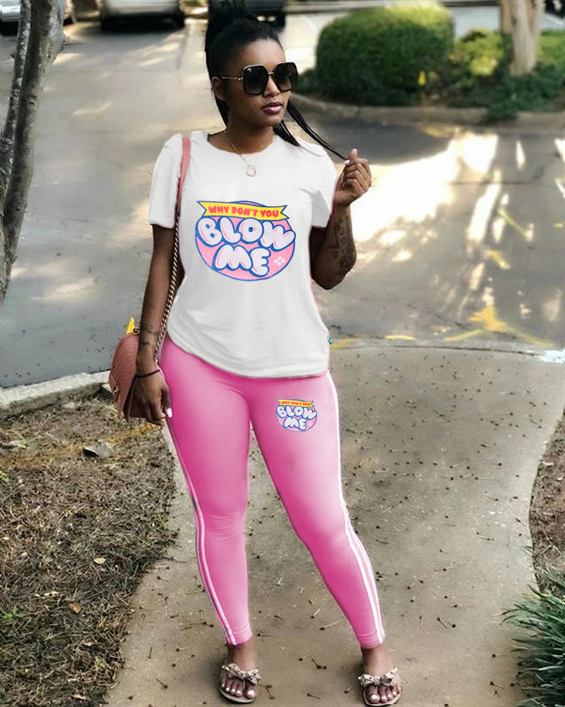 Women Casual Solid Print Short-Sleeved Top and Pants Two-Piece Set