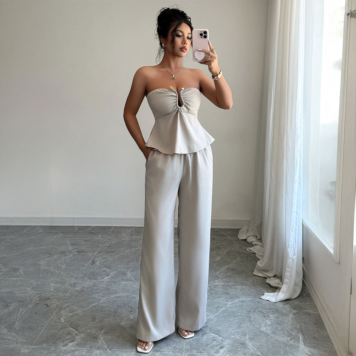 Elegant Strapless Straight-Leg Pants Set