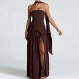 Summer Patchwork Low Back Strapless Slit Solid Dress