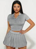Women's Summer Skirt & Turndown Collar Short-Sleeve Top Two-Piece Set