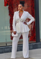 Elegant Career Slim Waist Lace-Up Decor Blazer Two-Piece Set