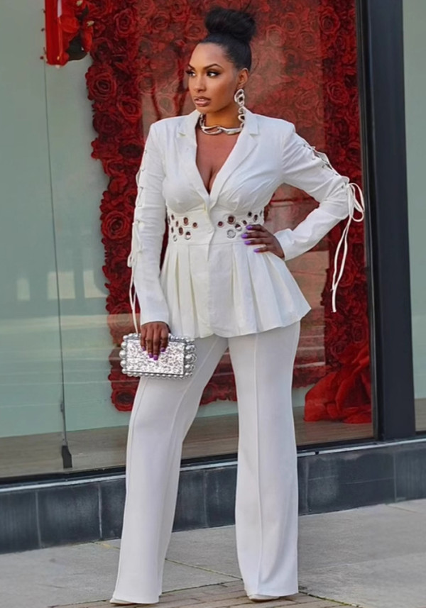 Elegant Career Slim Waist Lace-Up Decor Blazer Two-Piece Set