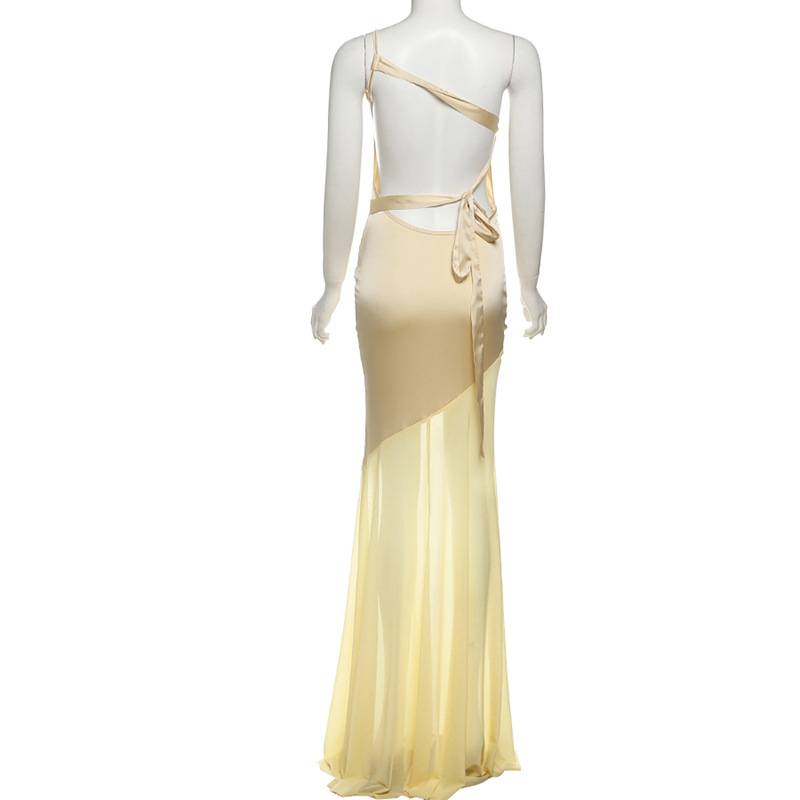 Women Summer Sexy Mesh Patchwork Slash Shoulder Lace-Up Dress