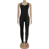 Women's Chic Off-Shoulder Slim Waist Button-Front Jumpsuit
