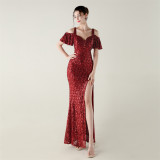 Beaded Sequin Formal Party Dress Off-Shoulder Deep V High-Slit Mermaid Gown